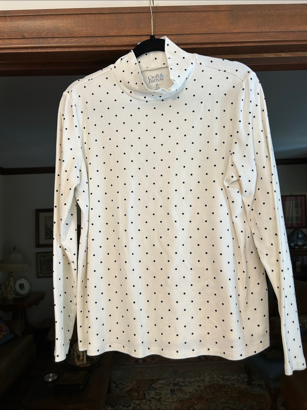 croft & barrow White Long-Sleeve Mock Neck Top with Black Polka Dots